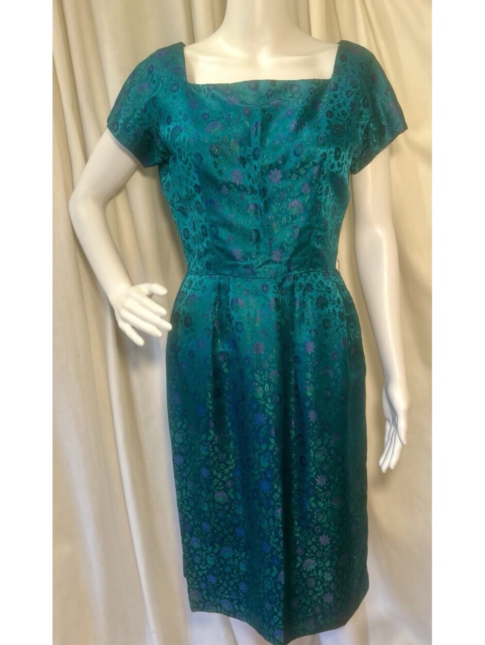 Vtg 50s 60s Ira Rentner Teal Purple Floral Jacquard Wiggle Cocktail Dress SZ S